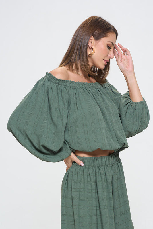 Textured Off the Shoulder Top with Balloon Sleeve