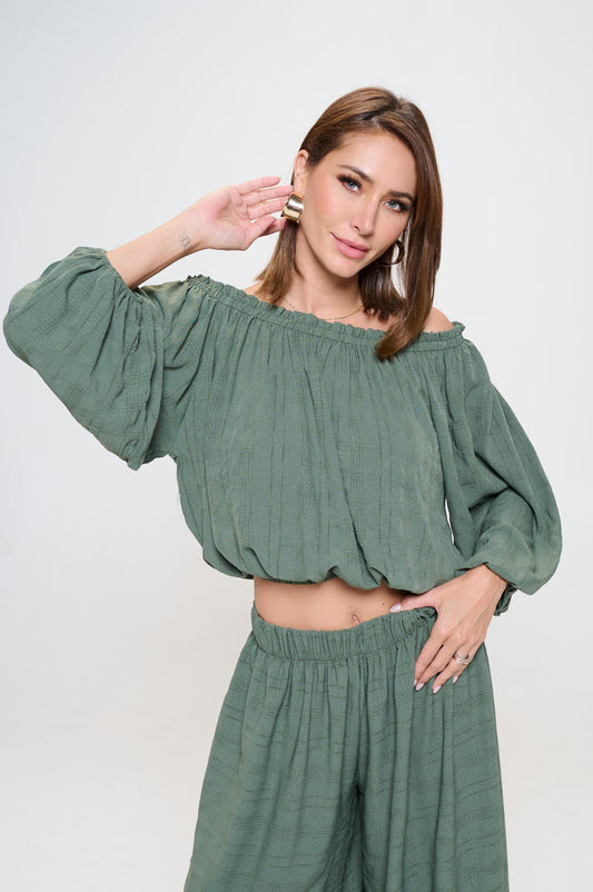 Textured Off the Shoulder Top with Balloon Sleeve